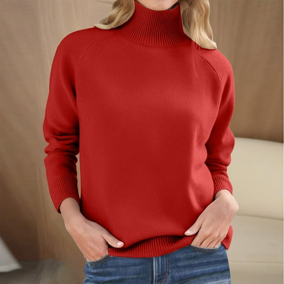 Women's Plush Knit Sweater Turtle Neck Long Sleeve Pullover Top Loose Fit Thickened Winter Warm Layering Piece for Fall Red