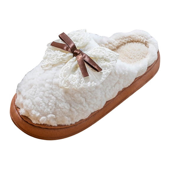 Women's Plush Lace Bowknot Platform House Slippers Winter Warm Slip On Bedroom Fleece Lined Slide Shoes White Size 8