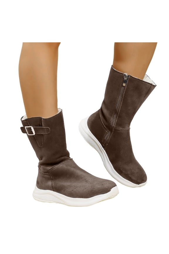 Women's Plush Mid Calf Boots Suede Fleece Lined Platform Booties Winter Warm Non Slip Work Shoes