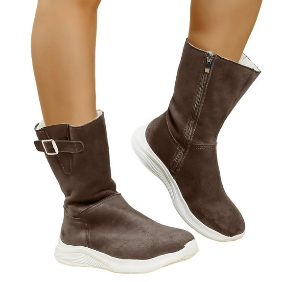 Women's Plush Mid Calf Boots Suede Fleece Lined Platform Booties Winter Warm Non Slip Work Shoes