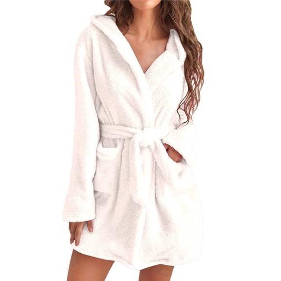 Women's Plush Mid-Length Belt Soft Bathrobe with Pockets Autumn and Winter Hooded Home Plush Pajamas Cream White XXL