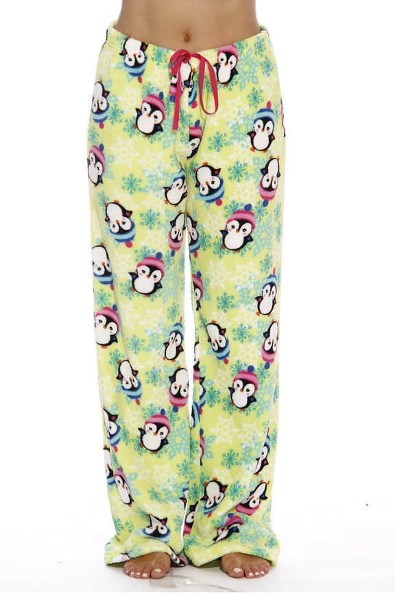Women's Plush Pajama Pants - Petite to Plus Size Pajamas (Snowy Penguin, Medium)
