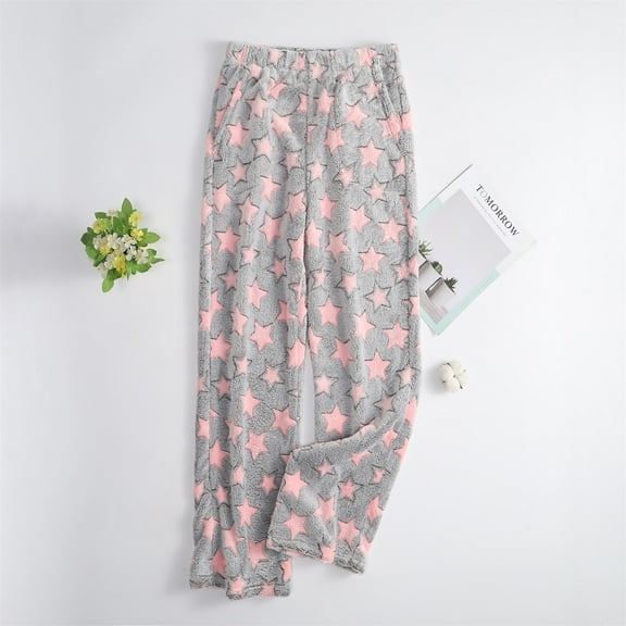 Women's Plush Pajama Pants Soft Elastic Waist Star Pattern 2-Pocket Sleep Bottoms, Gray, L