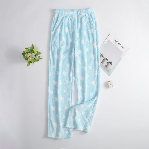 Women's Plush Pajama Pants Soft Elastic Waist Star Pattern 2-Pocket Sleep Bottoms, Light Blue, XL