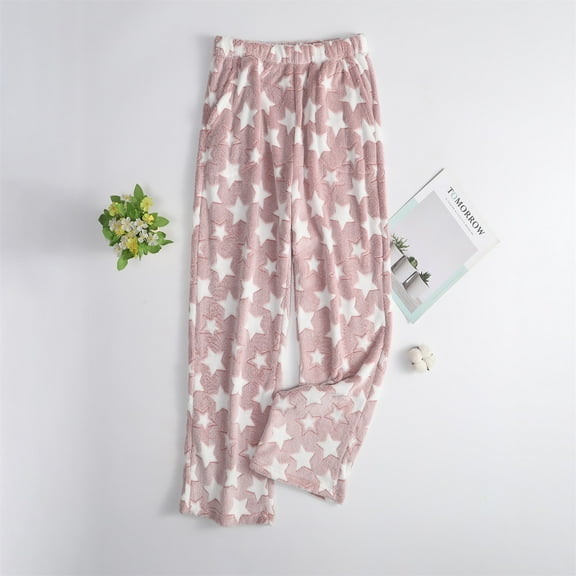 Women's Plush Pajama Pants Soft Elastic Waist Star Pattern 2-Pocket Sleep Bottoms, Pink, S