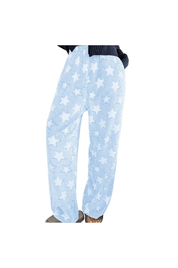Women's Plush Pants Long Sleeve Star Print Elastic Waist Wide Leg Lounge Pants Light Blue 2XL