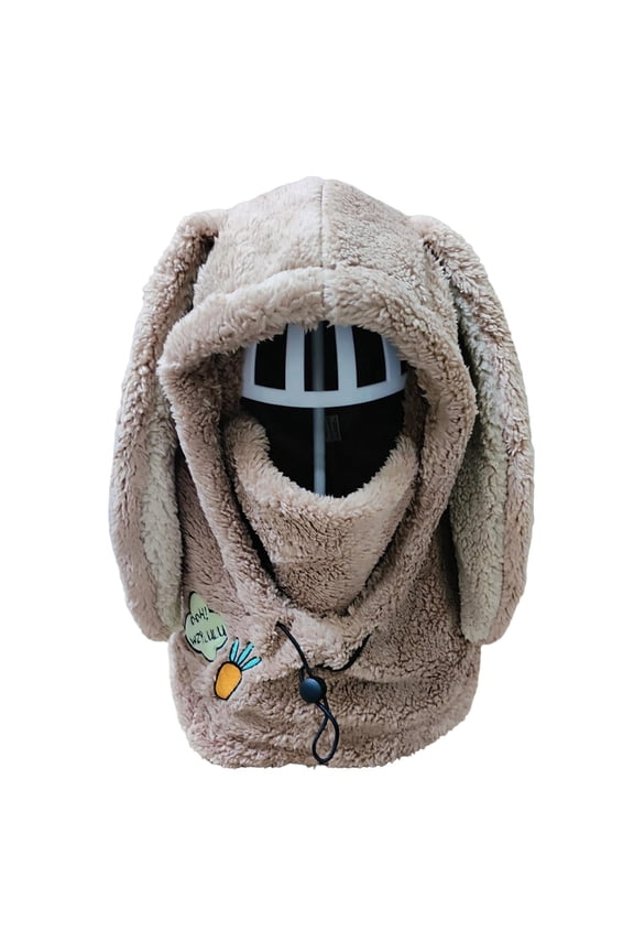 Women's Plush Rabbit Ear Hooded Scarf Combo, Full Head and Neck Coverage Winter Hat with Ear Flaps, Warm Fleece Lined Cap for Extreme Cold Weather, Outdoor Sports and Daily Winter Wear Beige