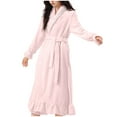 thumbnail image 1 of Women's Plush Robe with Lace Trim Collar Ruffled Hem Belted Long Sleeve Fleece Bathrobe for Loungewear Pink L, 1 of 6