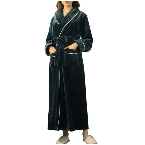 Women's Plush Robes Long Bathrobes Collar Nightgown Home Wear Warm Comfy Fleece Spa Loungewear with Pockets S-23 Green XL