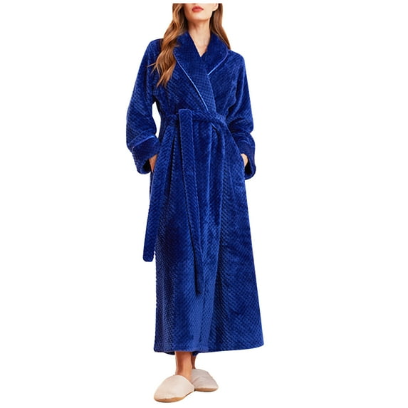 Women's Plush Robes Long Bathrobes Collar Nightgown Home Wear Warm Comfy Fleece Spa Loungewear with Pockets S-25 Blue XL