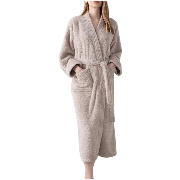 Women's Plush Robes Long Bathrobes Collar Nightgown Home Wear Warm Comfy Fleece Spa Loungewear with Pockets S-86 Beige L