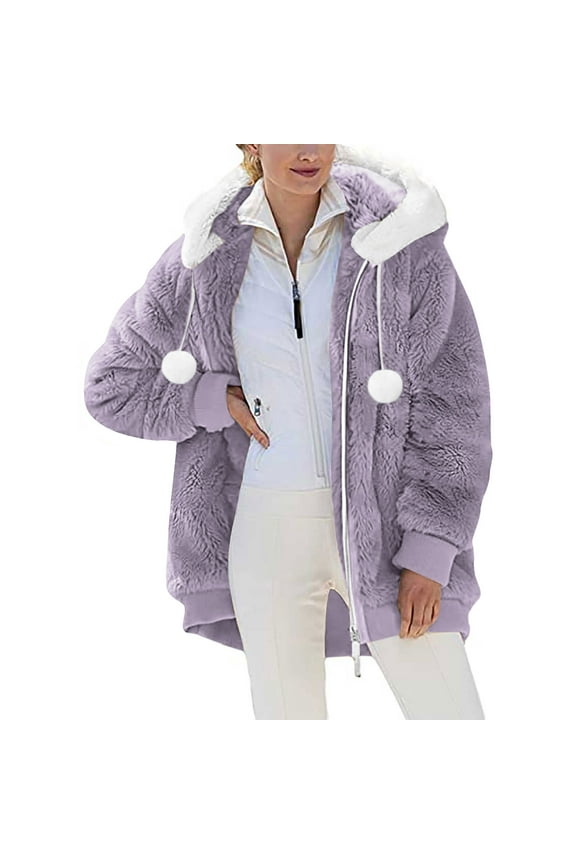 Women's Plush Sherpa Fleece Zip Hoodie Jacket Color Block Hood Drawstring with Pom Pom Balls Elastic Cuffs Double Faced Fleece for Women S-XXL