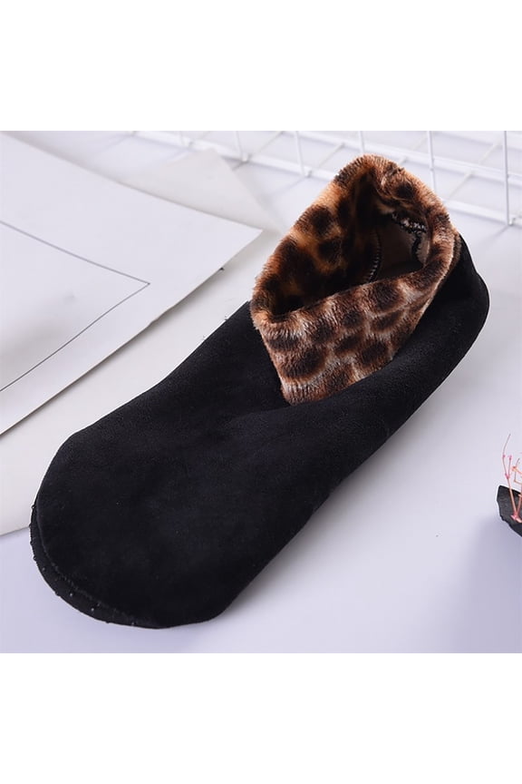 Women's Plush Slipper Socks, Double Layer Thermal Fleece Lined Ankle Socks with Non-Slip Grip, Cozy Winter Thickened Floor Socks for Indoor Wear, Soft Leopard Pattern Comfortable House Socks Black