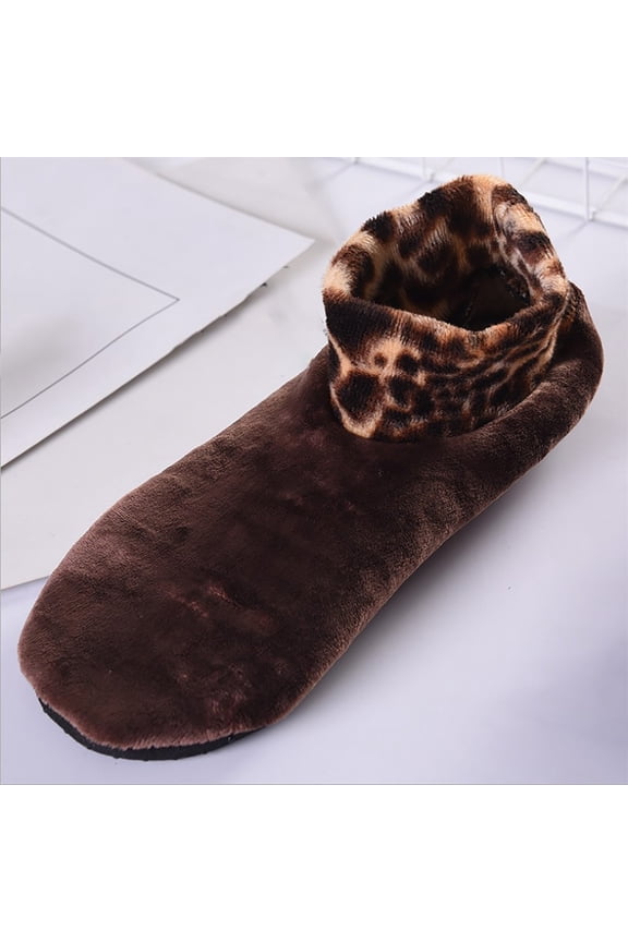 Women's Plush Slipper Socks, Double Layer Thermal Fleece Lined Ankle Socks with Non-Slip Grip, Cozy Winter Thickened Floor Socks for Indoor Wear, Soft Leopard Pattern Comfortable House Socks Coffee