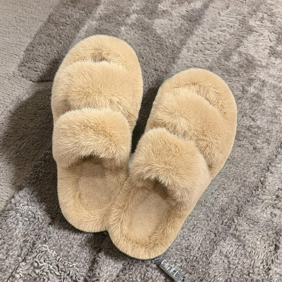 Women's Plush Slippers Soft Shoes Non Slip House Shoes Warm, Fashion with Two Band Open Toe Slides, Fuzzy for Girls Lady Women Indoor Outdoor 35