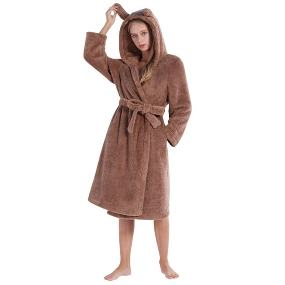 Women's Plush Soft Robe Fluffy Warm Fleece Hoodie with Pockets Bathrobe House Coat