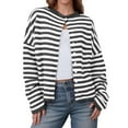 thumbnail image 1 of Women's Plush Striped Sweater Long Sleeve Crewneck Button Down Cardigan Blouse Black XL, 1 of 2