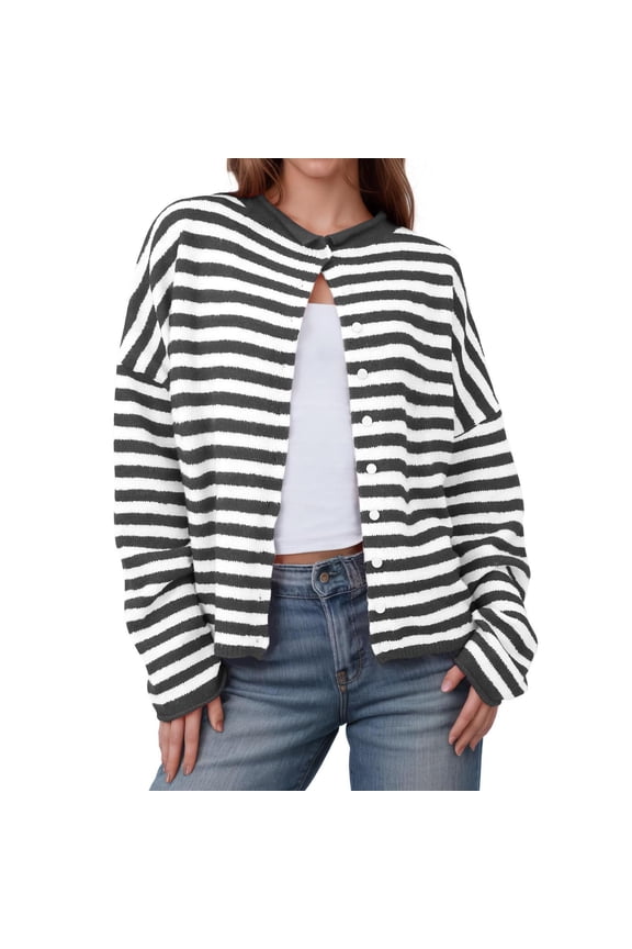 Women's Plush Striped Sweater Long Sleeve Crewneck Button Down Cardigan Blouse Black XL