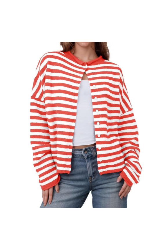 Women's Plush Striped Sweater Long Sleeve Crewneck Button Down Cardigan Blouse Red M