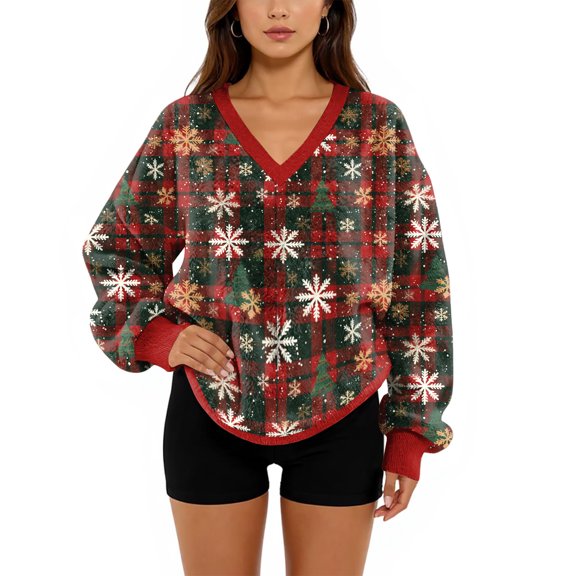 Women's Plush V-Neck Christmas Sweatshirt, Long Sleeve Casual Pullover Top with Pockets, Soft Fleece Fashion Blouse,Deep Red,XL