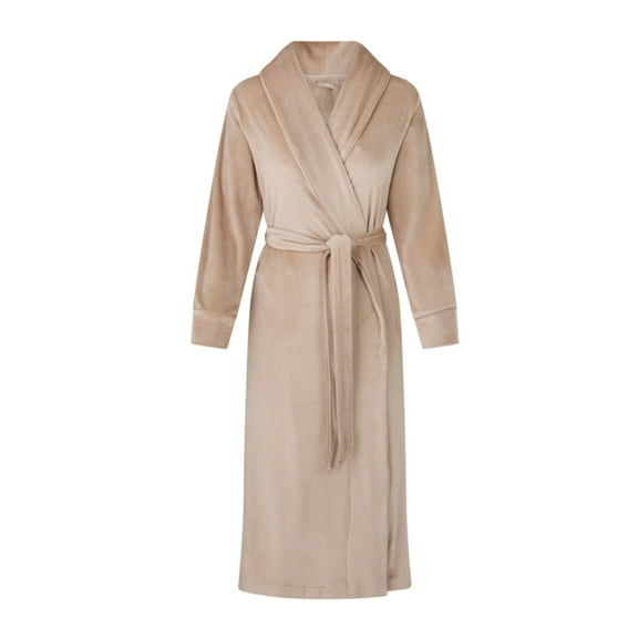 Women's Plush Velour Bathrobe, Soft Warm Loungewear, Full-Length, Large, Beige