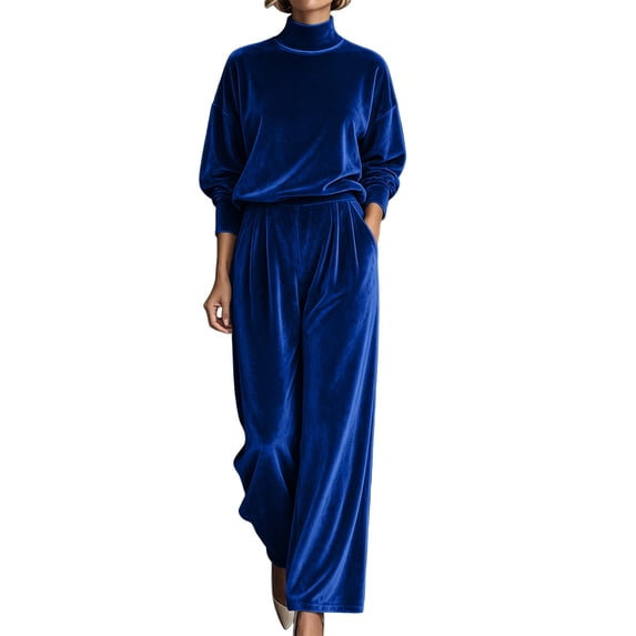 Women's Plush Velvet 2 Piece Loungewear Outfits Mock Neck Long Sleeve Tops and High Waisted Wide Leg Pants Sets Vintage Casual Tracksuit Blue