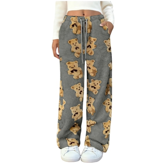 Women's Plush Warm Pajama Pants Fleece Lounge Sleepwear Ted-dy Pj Bottoms Elastic Waist Cute Bear Graphic Printed