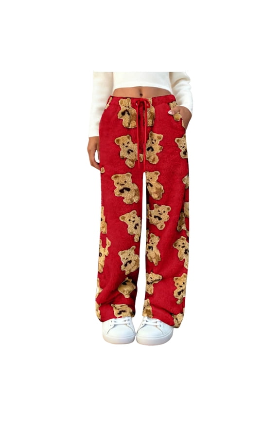 Women's Plush Warm Pajama Pants Fleece Lounge Sleepwear Ted-dy Pj Bottoms Elastic Waist Cute Bear Graphic Printed