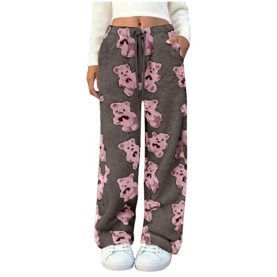Women's Plush Warm Pajama Pants Fleece Lounge Sleepwear Ted-dy Pj Bottoms Elastic Waist Cute Bear Graphic Printed