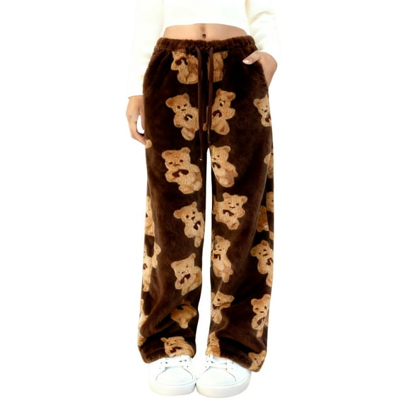 Women's Plush Warm Pajama Pants Fleece Lounge Sleepwear Ted-dy Pj Bottoms Elastic Waist Cute Bear Graphic Printed