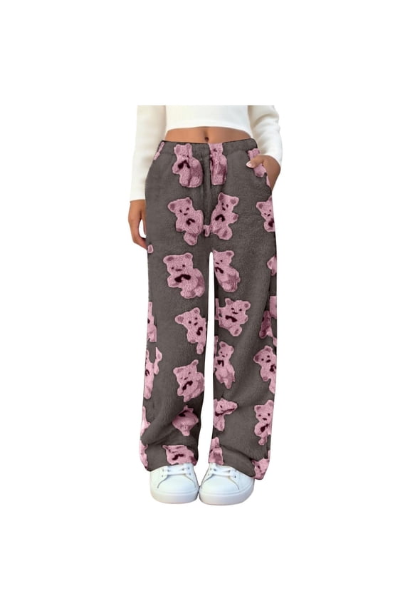 Women's Plush Warm Pajama Pants Fleece Lounge Sleepwear Ted-dy Pj Bottoms Elastic Waist Cute Bear Graphic Printed