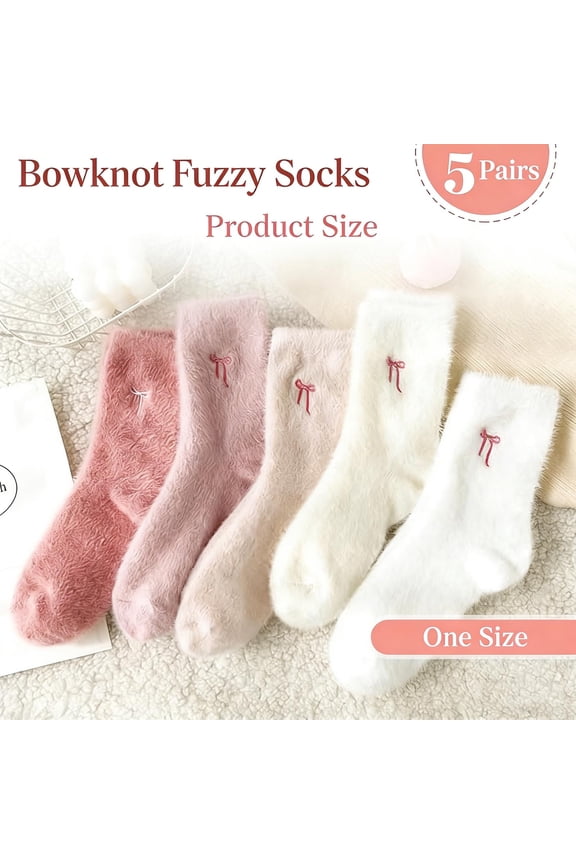 Women's Plush Winter Socks Faux Mink Bow Mid-Calf Socks Thickened Thermal Sleep Socks Ultra Soft Cozy Home Socks Non-Slip Comfort Floor Socks Warm Essentials