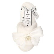 Womens Plush and Cozy Slide House Slippers, Warm Luxury, White/Crystal Bow