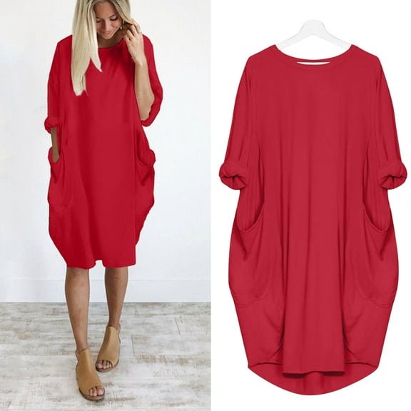 Women's Pocket Loose Dress Ladies Round Neck Casual Knee-Length Dress Maternity Surplice Dress Women Dresses Knee Length Women's Summer Dresses Casual Beach Petite Womens Dresses Sleeveless Maxi Dress