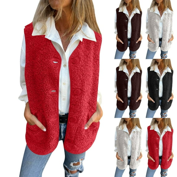 Women's Pocket Solid Color Sleeveless Cropped Fleece Button Vest Jacket Vest Coat for Fall and Winter, Short Style, Winter Clothes for Women,Beige,L