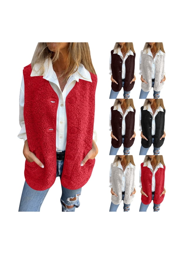 Women's Pocket Solid Color Sleeveless Cropped Fleece Button Vest Jacket Vest Coat for Fall and Winter, Short Style, Winter Clothes for Women,Beige,L