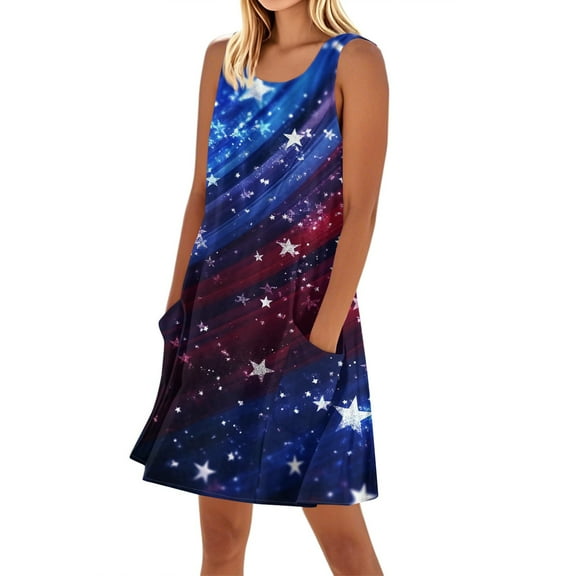 Women's Pocket Sundress, Sleeveless Square Neck Summer Casual Dress with Independence Day Design, Stylish Beachwear,Dark Blue M