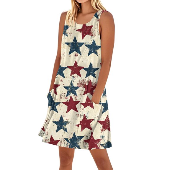 Women's Pocket Sundress, Sleeveless Square Neck Summer Casual Dress with Independence Day Design, Stylish Beachwear,Light Blue M