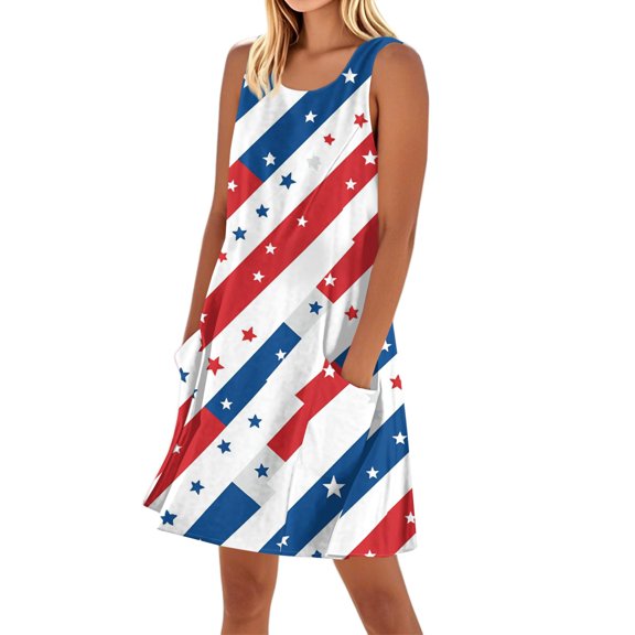 Women's Pocket Sundress, Sleeveless Square Neck Summer Casual Dress with Independence Day Design, Stylish Beachwear,Sky Blue XL