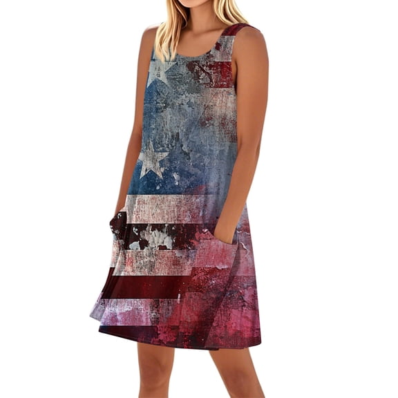 Women's Pocket Sundress, Sleeveless Square Neck Summer Casual Dress with Independence Day Design, Stylish Beachwear,Wine S