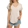 thumbnail image 1 of Women's Pocket V-Neck Tee - Summer Basic Casual T-Shirt, Loose Fit Comfortable Solid Color Top | Yubnlvae (Beige | L), 1 of 9