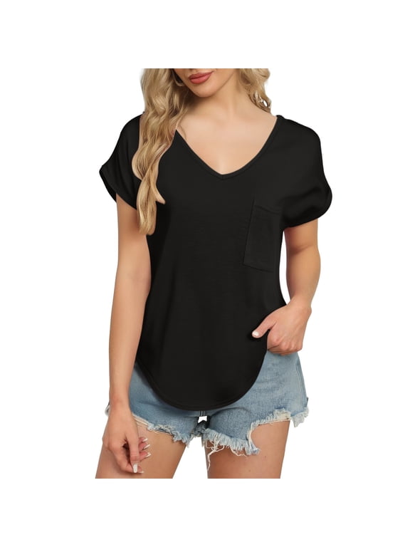 Women's Pocket V-Neck Tee - Summer Basic Casual T-Shirt, Loose Fit Comfortable Solid Color Top | Yubnlvae (Black | L)