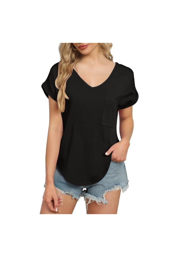 Women's Pocket V-Neck Tee - Summer Basic Casual T-Shirt, Loose Fit Comfortable Solid Color Top | Yubnlvae (Black | M)