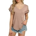 thumbnail image 1 of Women's Pocket V-Neck Tee - Summer Basic Casual T-Shirt, Loose Fit Comfortable Solid Color Top | Yubnlvae (Khaki | XXL), 1 of 8
