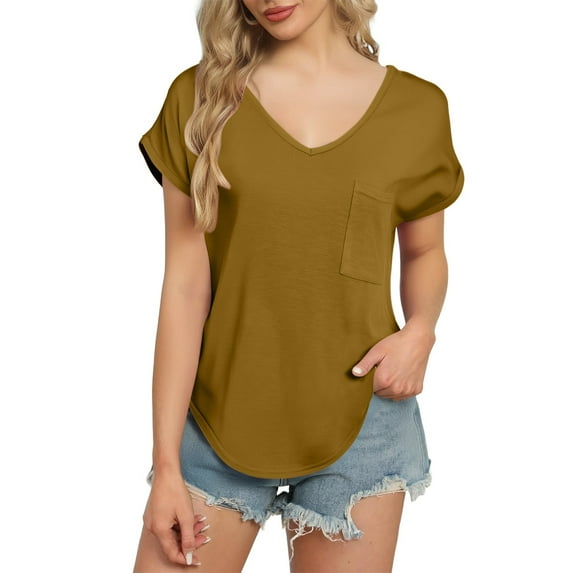 Women's Pocket V-Neck Tee - Summer Basic Casual T-Shirt, Loose Fit Comfortable Solid Color Top | Yubnlvae (Yellow | L)