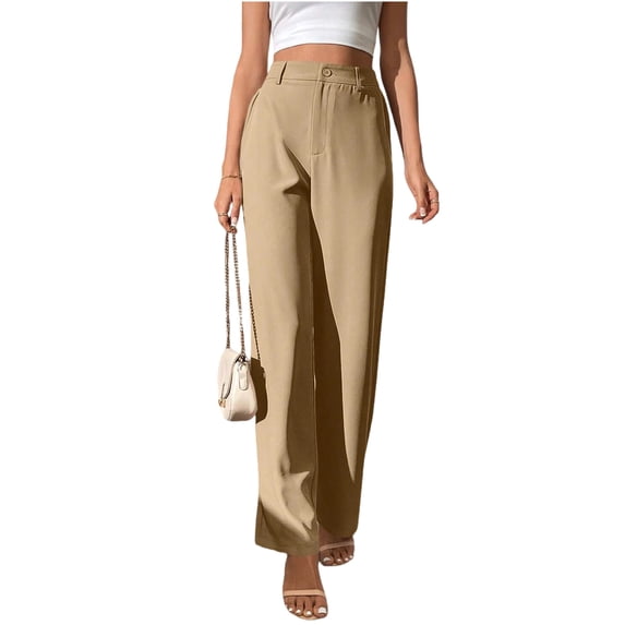 Women's Pocket Wide Leg Trousers Lightweight Pants Camel XL High Waist Button Loose Trouser Work Casual Business Pants