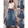 thumbnail image 1 of Women's Pocketed Button Maxi Skirt, A-Line Long Denim Bottom, Casual Daily Commute Layering Outfit, 1 of 5