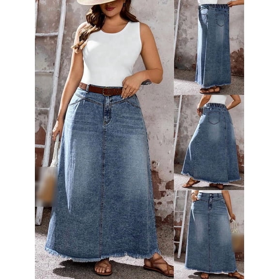 Women's Pocketed Button Maxi Skirt, A-Line Long Denim Bottom, Casual Daily Commute Layering Outfit