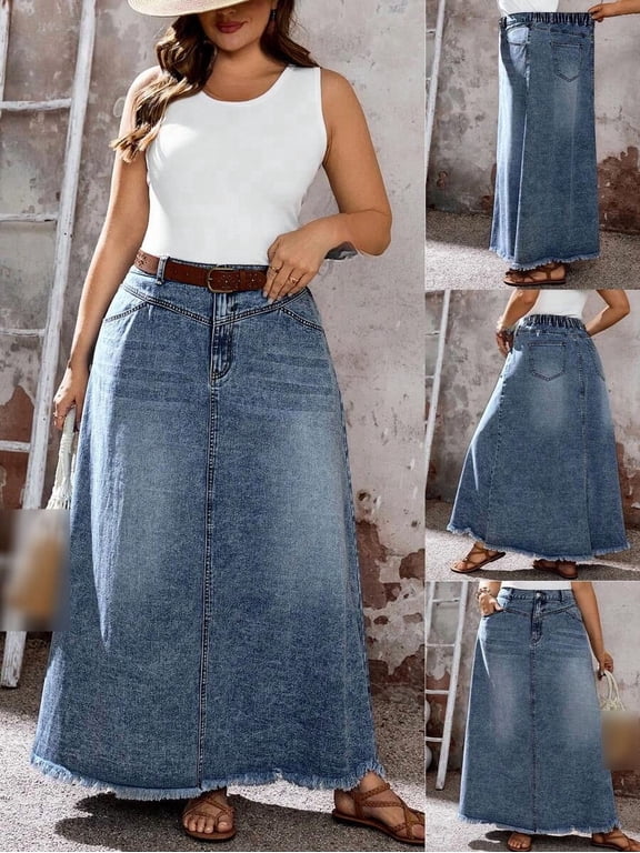 Women's Pocketed Button Maxi Skirt, A-Line Long Denim Bottom, Casual Daily Commute Layering Outfit