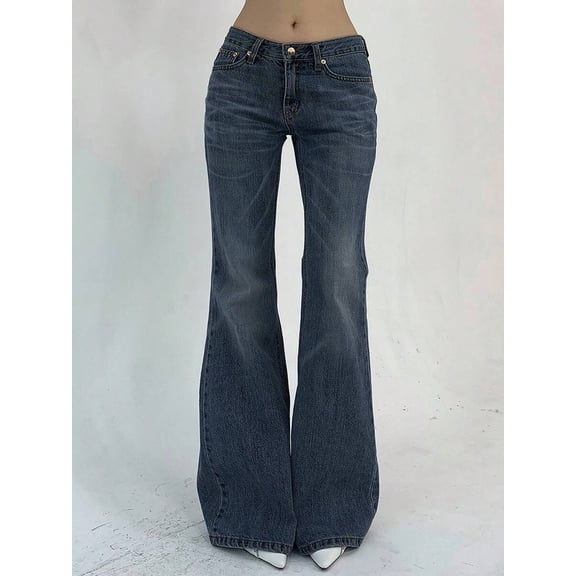 Women's Pocketed Casual Flare Leg Denim Jeans Streetwear Low Rise Jeans